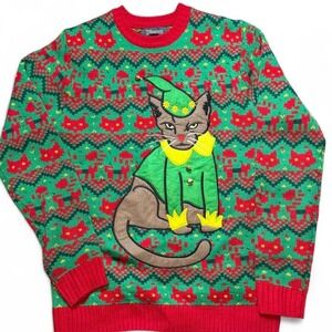 33 Degrees Grumpy Elf Cat Jingle Bell Ugly Christmas Sweater, Men's Size M